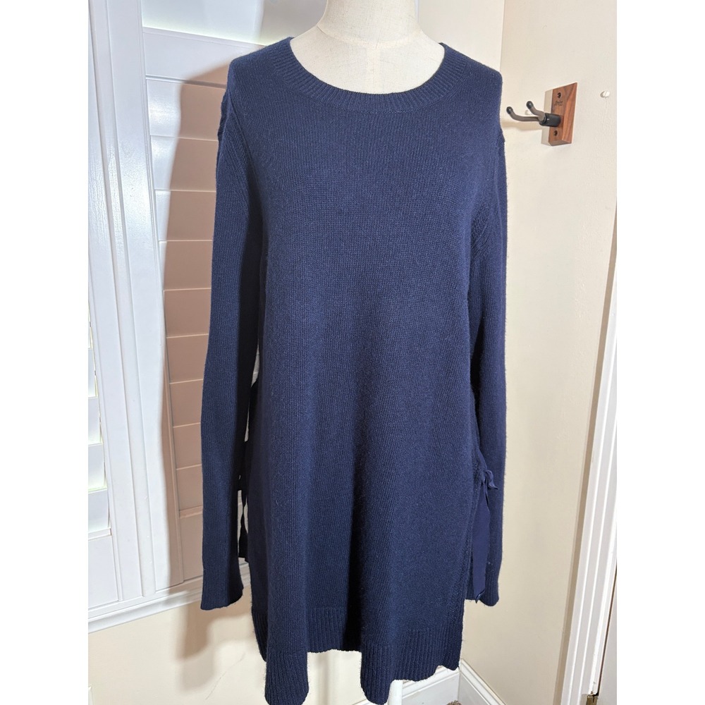 Banana Republic Tunic Sweater L Navy Merino Cashmere Ribbon Tie Side Minimalist